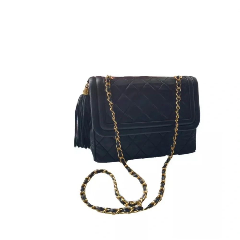 Authentic CHANEL Vintage Navy Lambskin Leather Matelassé Fringe Handbag - AS IS - Picture 1 of 11